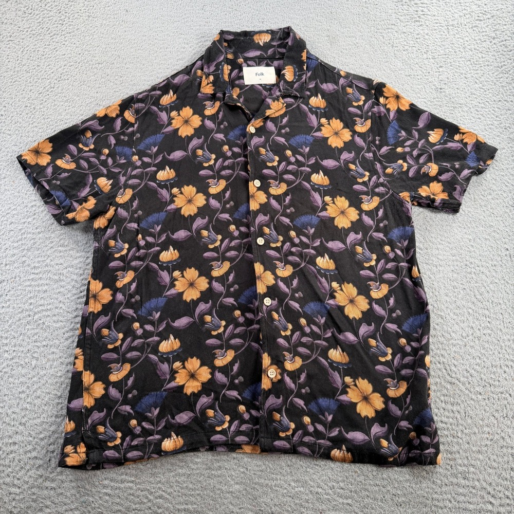 Folk Shirt Men Medium Black Floral Short Sleeve Camp Collar Viscose Button Down
